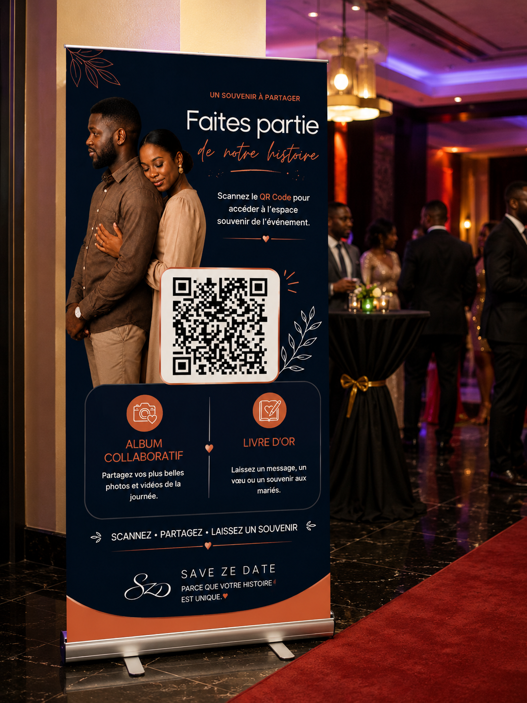 Affiche QR en grand format dans une salle de réception