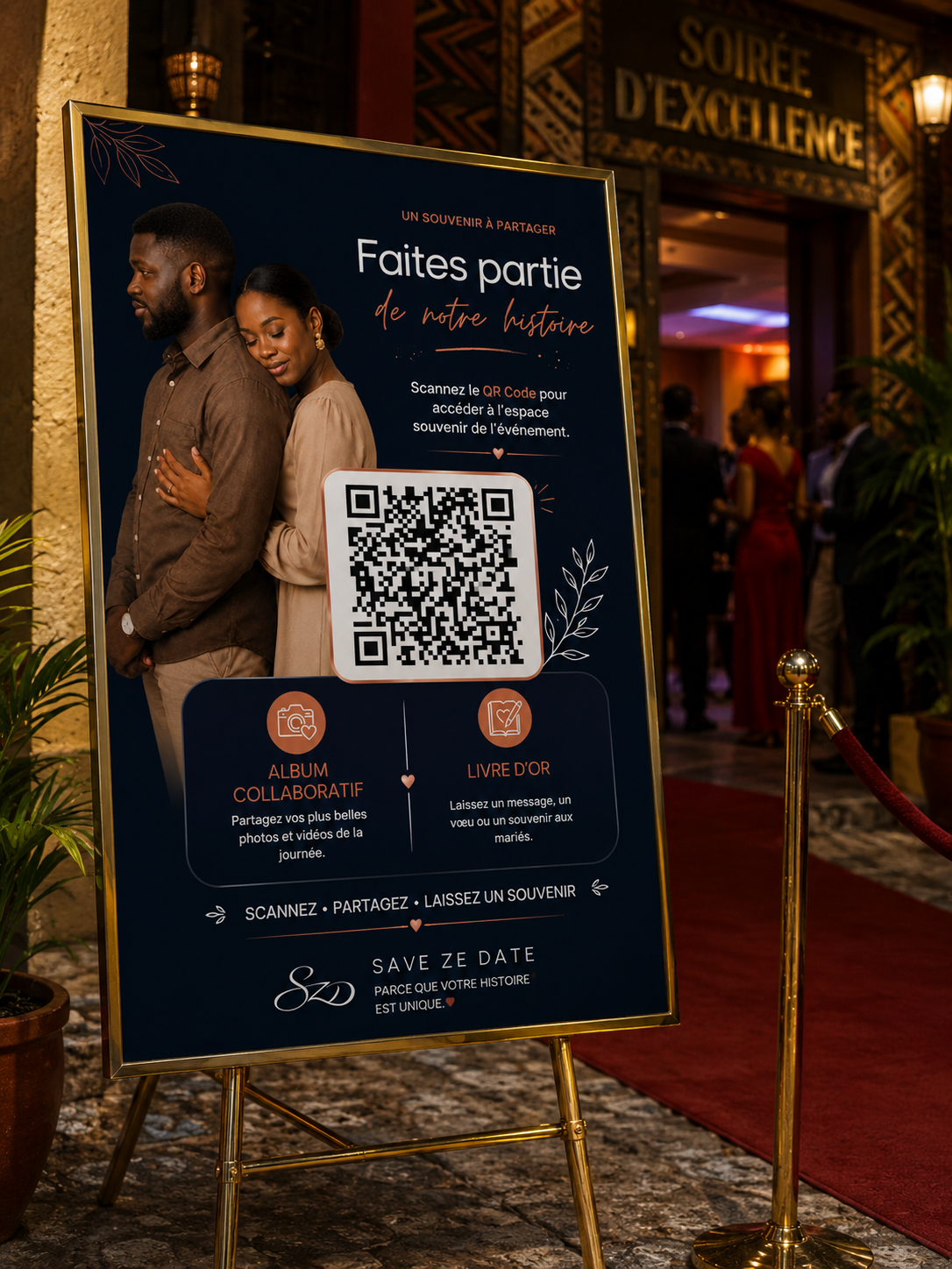Affiche QR sur chevalet à l’entrée d’une réception