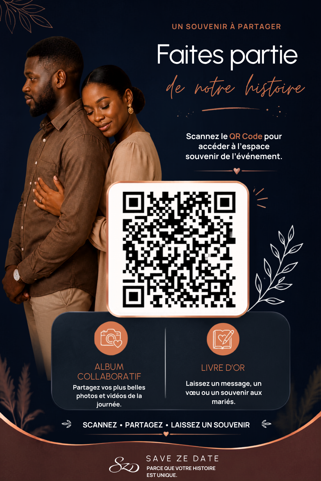 Exemple d’affiche Save Ze Date avec QR code pour accéder à l’album collaboratif et au livre d’or
