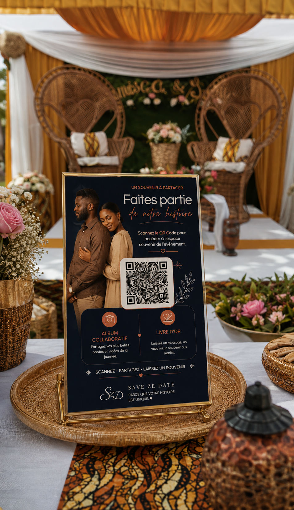 Affiche QR posée sur une table de fête